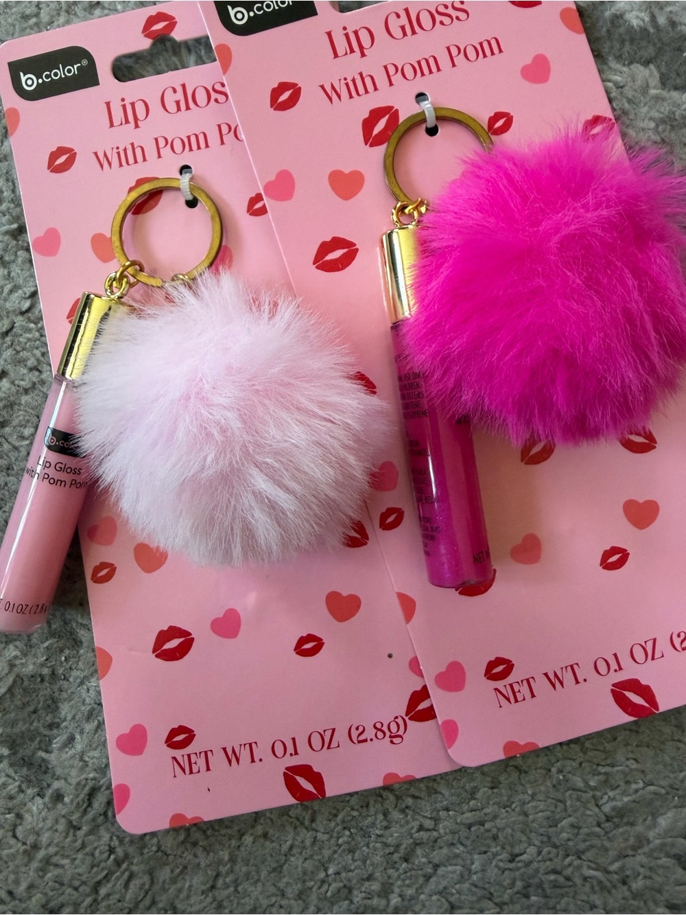 Pink Lip Gloss Keychain with Fluffy Pom Pom